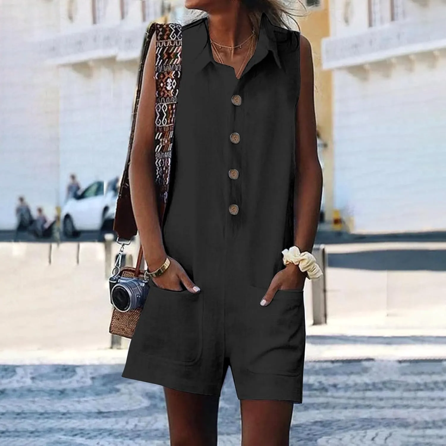 Oplxuo Women's Cotton Linen Shorts Romper Summer Loose Button Front Collared V Neck Sleeveless Tank Jumpsuits with Pockets