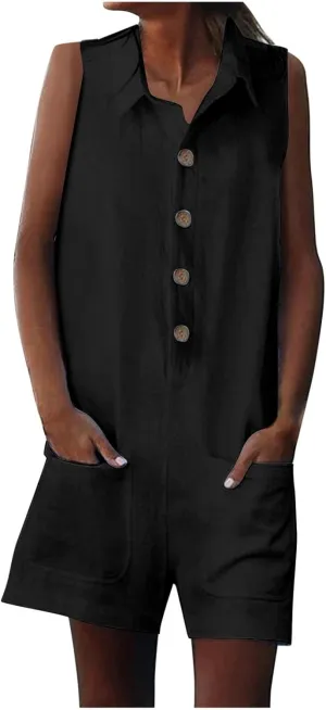 Oplxuo Women's Cotton Linen Shorts Romper Summer Loose Button Front Collared V Neck Sleeveless Tank Jumpsuits with Pockets