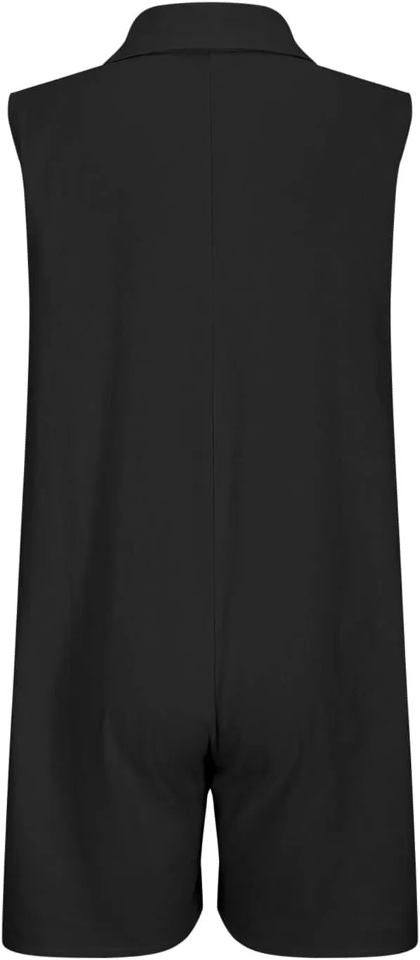 Oplxuo Women's Cotton Linen Shorts Romper Summer Loose Button Front Collared V Neck Sleeveless Tank Jumpsuits with Pockets
