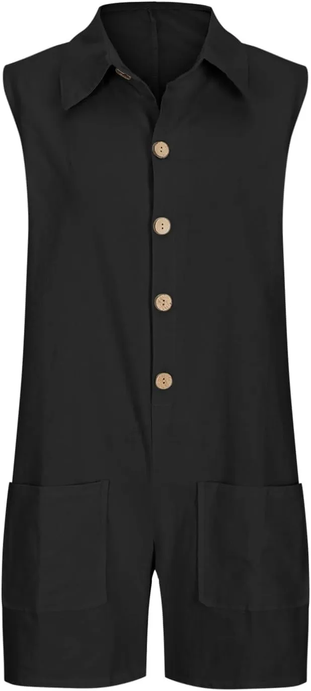 Oplxuo Women's Cotton Linen Shorts Romper Summer Loose Button Front Collared V Neck Sleeveless Tank Jumpsuits with Pockets