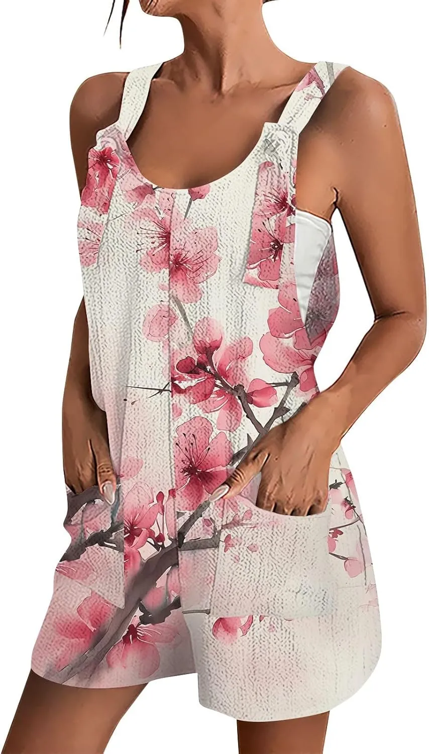 Overalls For Women Shorts Sleeveless Graphic Summer Casual Jumpsuits Loose Fit Adjustable Strap Beach Vacation Rompers