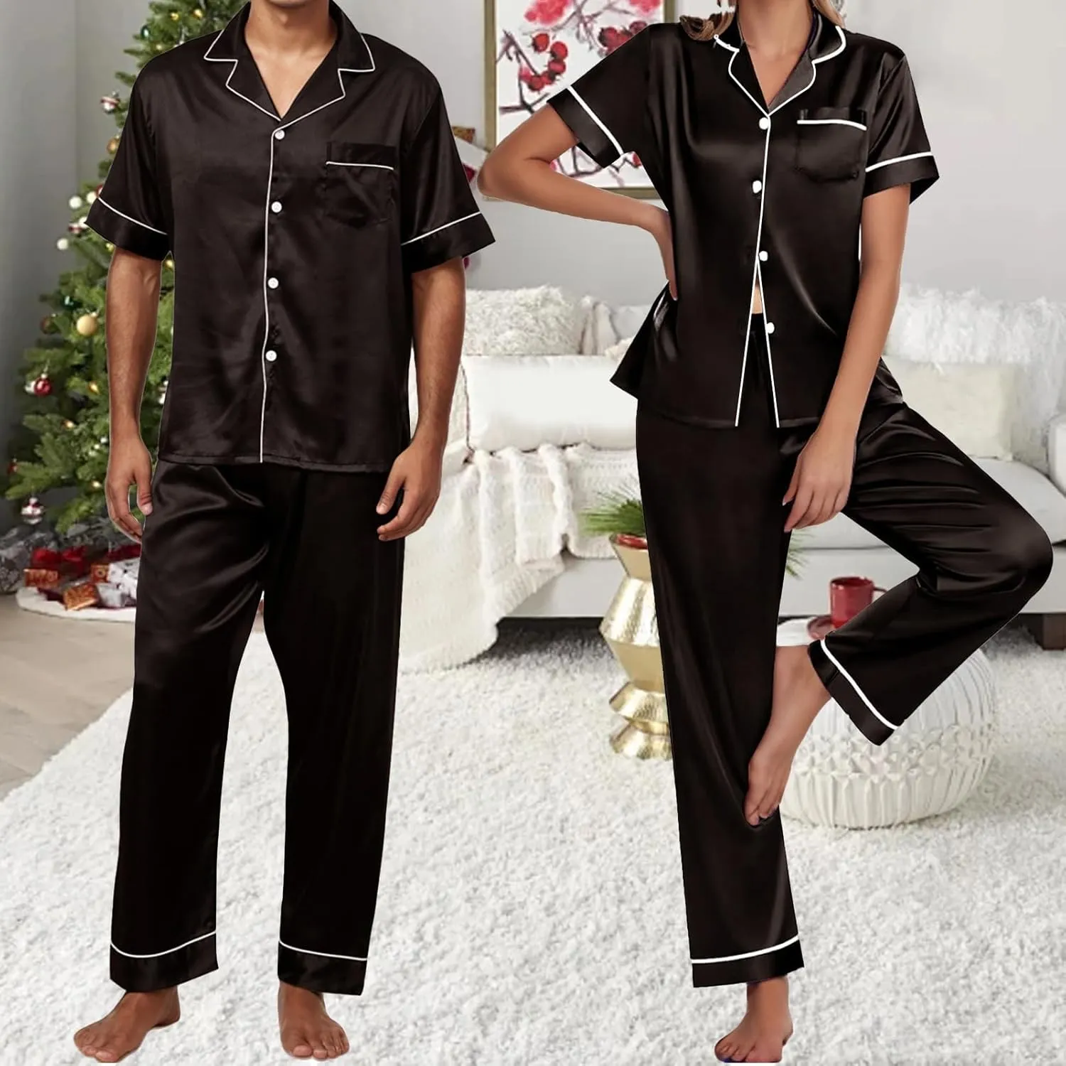 Pajamas for Women Set Silk Satin Pajama 2 Piece Set Short Sleeve Tops Pants Outifts Summer Sleepwear Set 2025