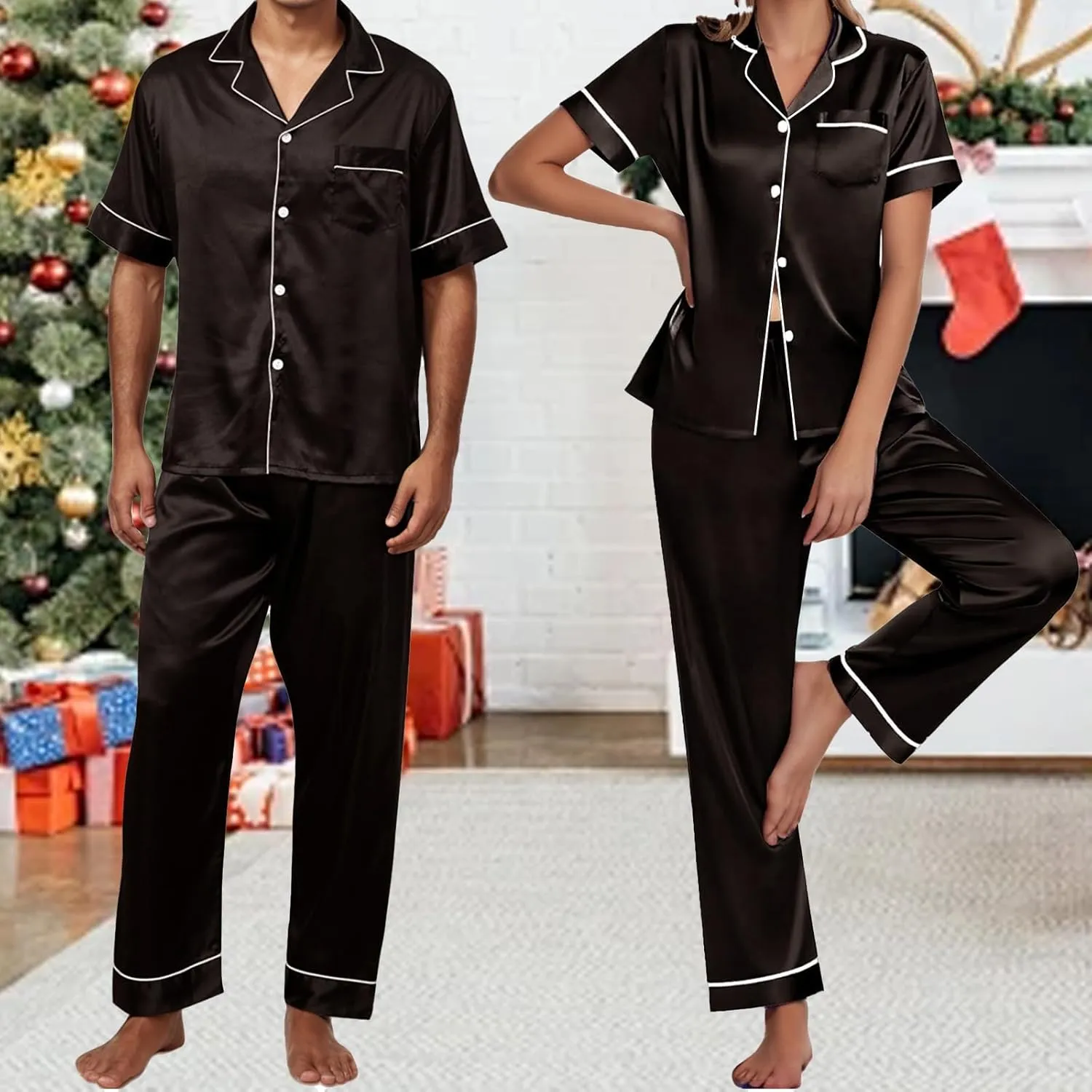 Pajamas for Women Set Silk Satin Pajama 2 Piece Set Short Sleeve Tops Pants Outifts Summer Sleepwear Set 2025