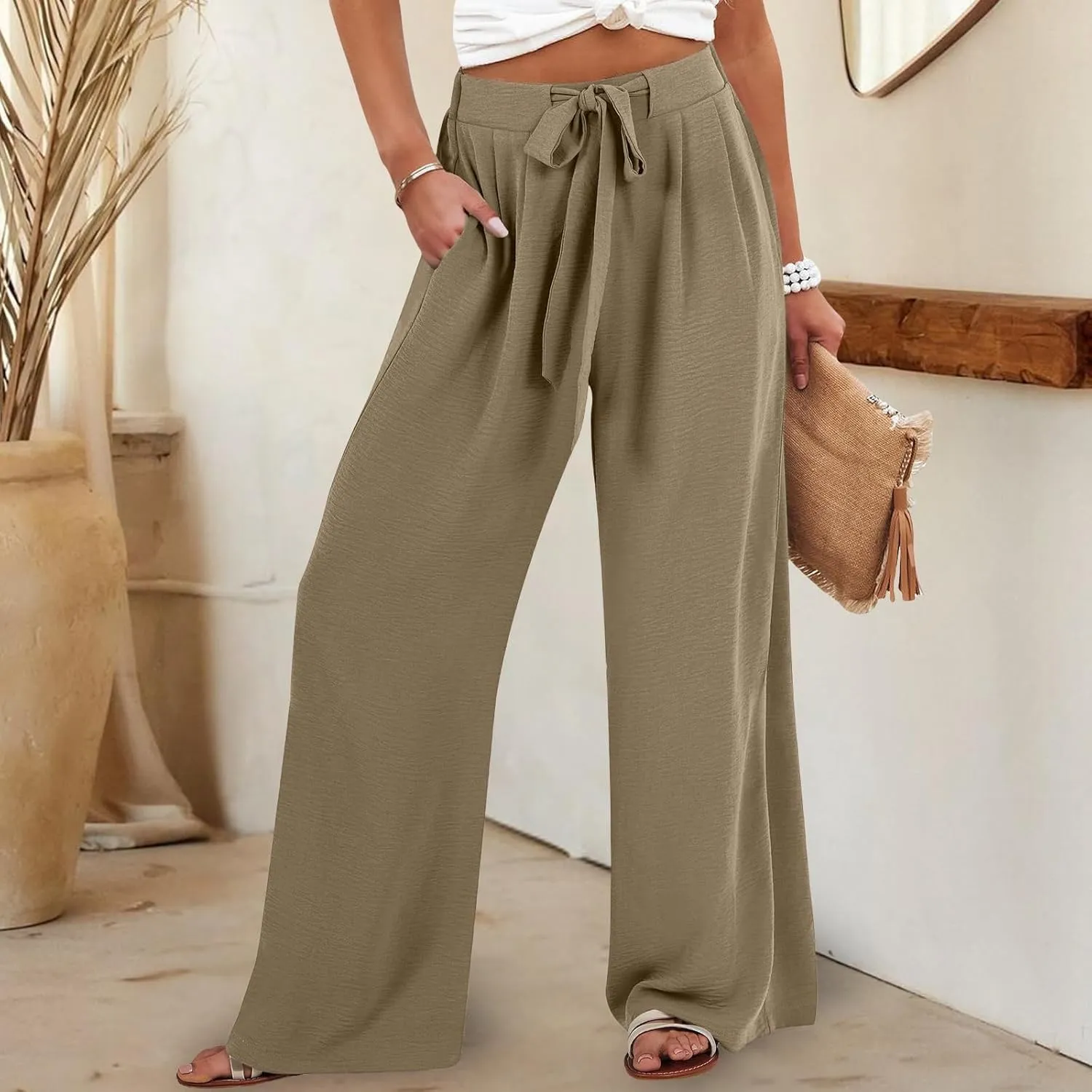 Palazzo Pants for Women Casual Dressy Tie High Waisted Wide Leg Linen Pants Baggy Flowy Boho Beach Pants with Pockets