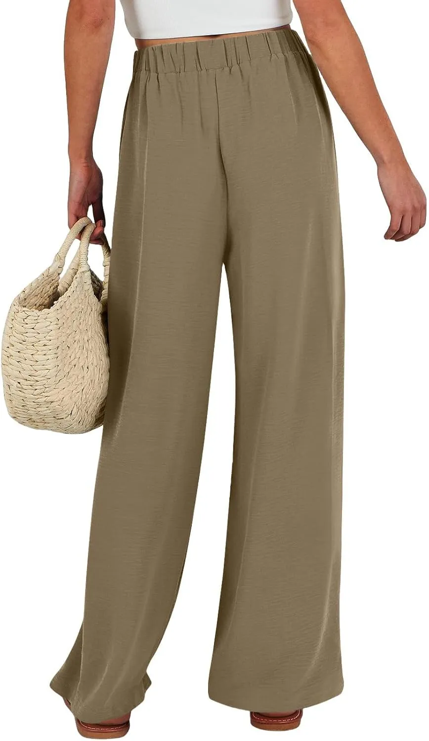 Palazzo Pants for Women Casual Dressy Tie High Waisted Wide Leg Linen Pants Baggy Flowy Boho Beach Pants with Pockets