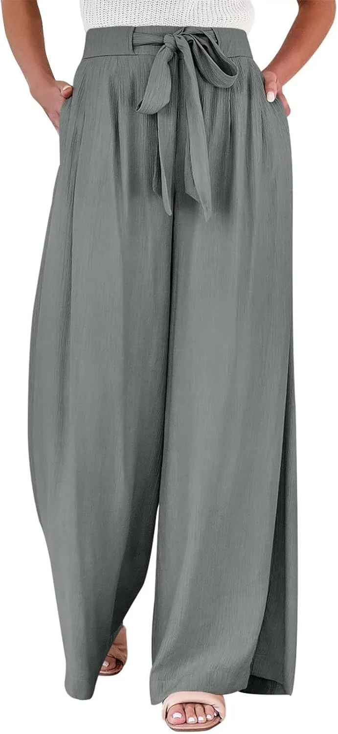 Palazzo Pants for Women Dressy Casual Tie High Waisted Wide Leg Linen Pants Baggy Flowy Boho Beach Pants with Pockets