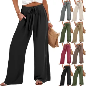 Palazzo Pants for Women Dressy Casual Tie High Waisted Wide Leg Linen Pants Baggy Flowy Boho Beach Pants with Pockets