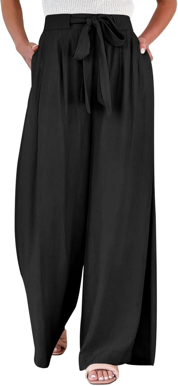 Palazzo Pants for Women Dressy Casual Tie High Waisted Wide Leg Linen Pants Baggy Flowy Boho Beach Pants with Pockets