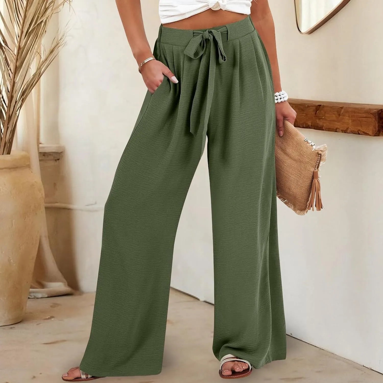 Palazzo Pants for Women Dressy Casual Tie High Waisted Wide Leg Linen Pants Baggy Flowy Boho Beach Pants with Pockets