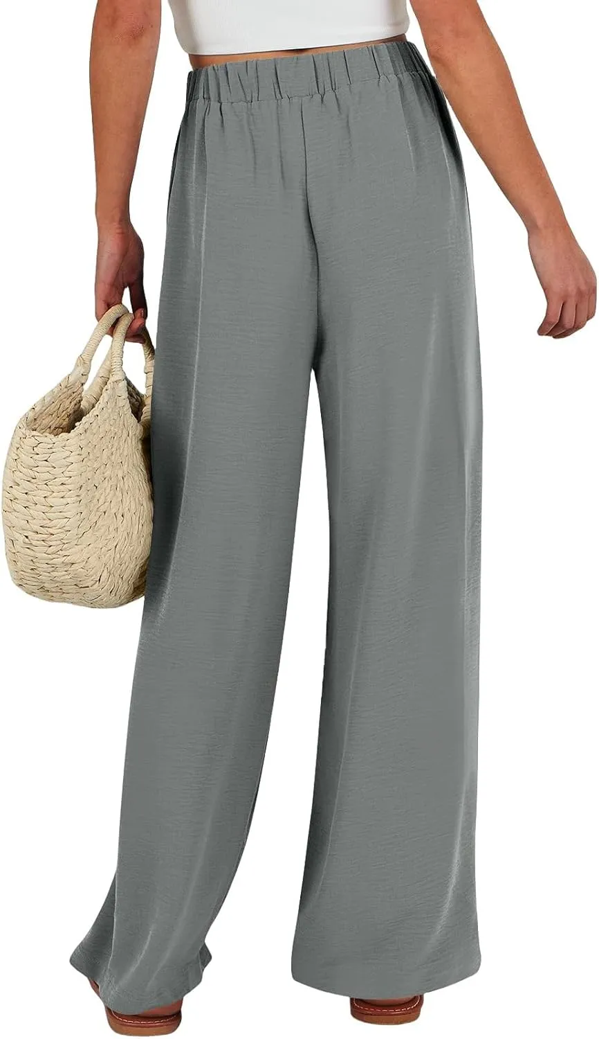 Palazzo Pants for Women Dressy Casual Tie High Waisted Wide Leg Linen Pants Baggy Flowy Boho Beach Pants with Pockets