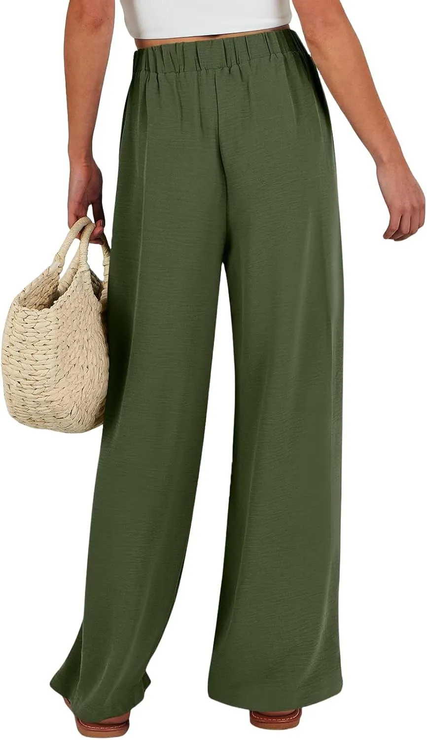 Palazzo Pants for Women Dressy Casual Tie High Waisted Wide Leg Linen Pants Baggy Flowy Boho Beach Pants with Pockets