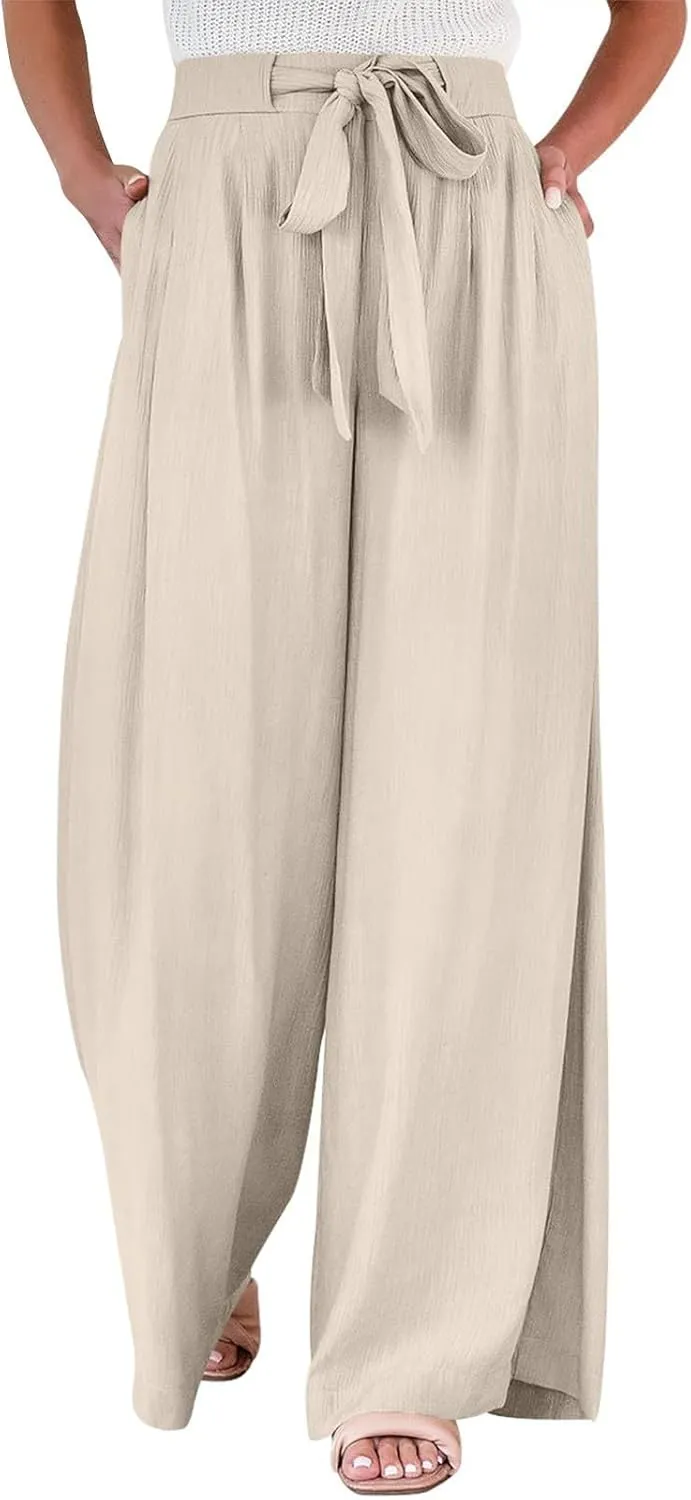 Palazzo Pants for Women Dressy Casual Tie High Waisted Wide Leg Linen Pants Baggy Flowy Boho Beach Pants with Pockets