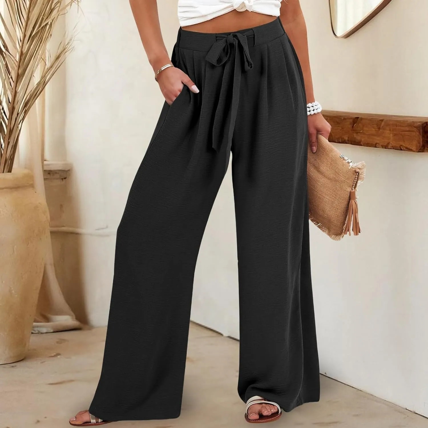 Palazzo Pants for Women Dressy Casual Tie High Waisted Wide Leg Linen Pants Baggy Flowy Boho Beach Pants with Pockets