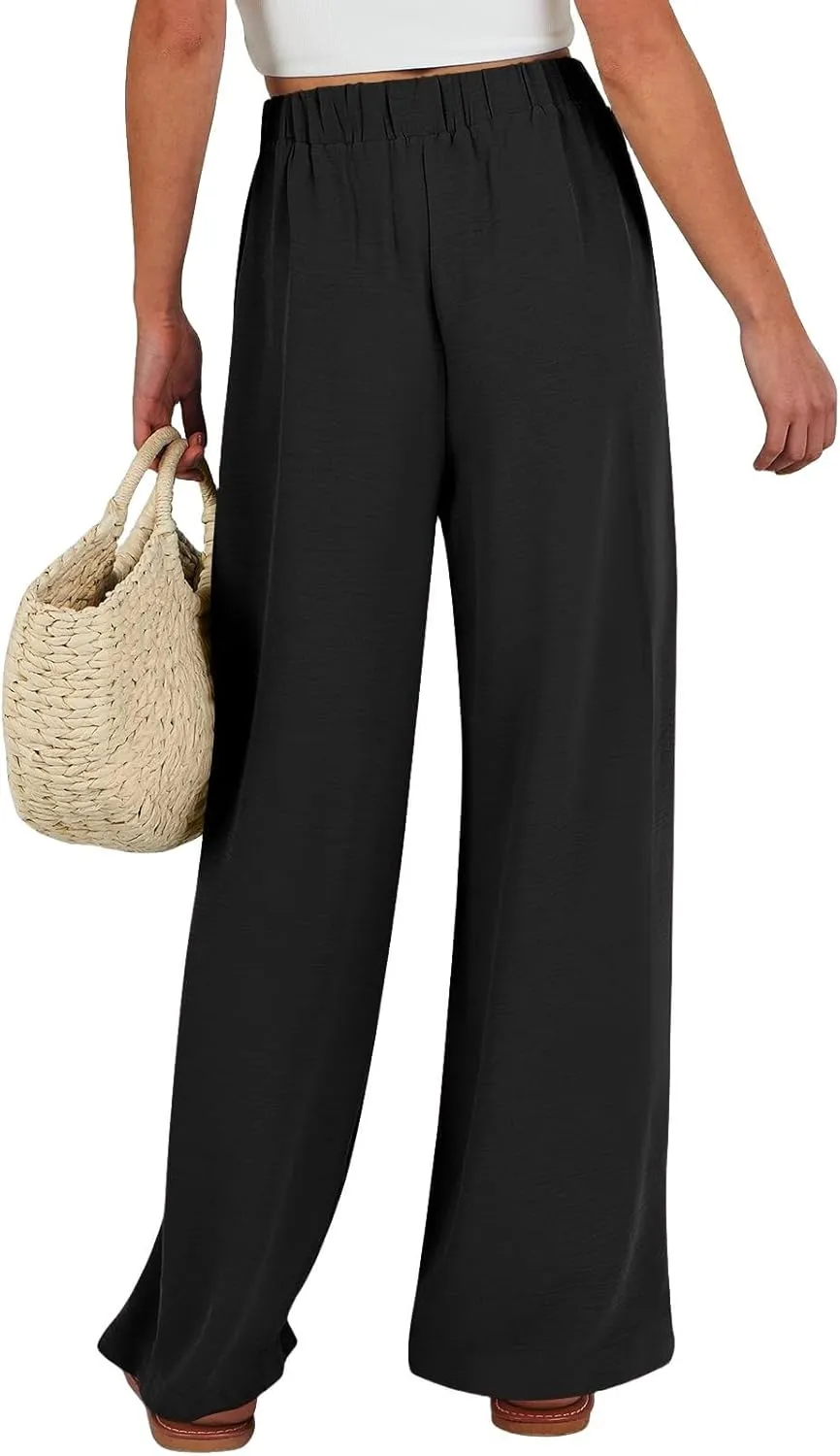 Palazzo Pants for Women Dressy Casual Tie High Waisted Wide Leg Linen Pants Baggy Flowy Boho Beach Pants with Pockets