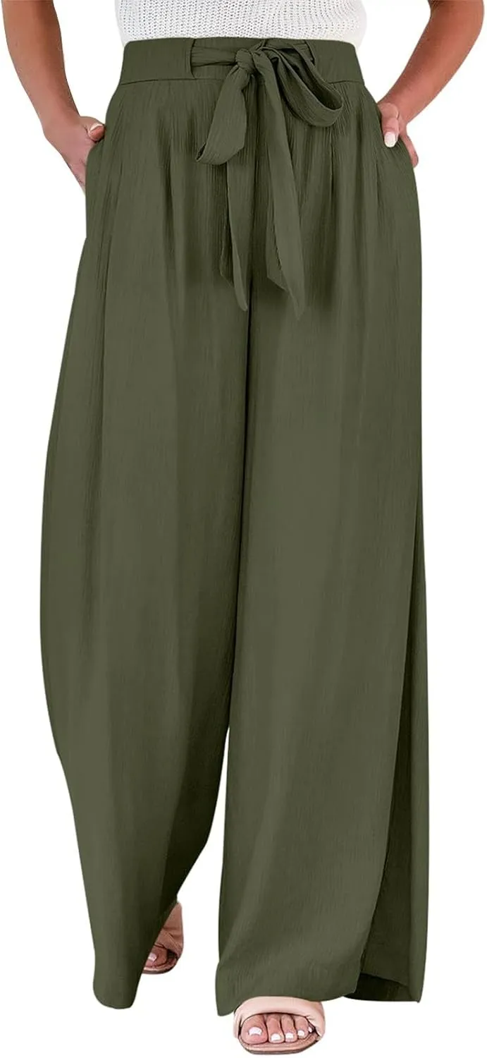 Palazzo Pants for Women Dressy Casual Tie High Waisted Wide Leg Linen Pants Baggy Flowy Boho Beach Pants with Pockets