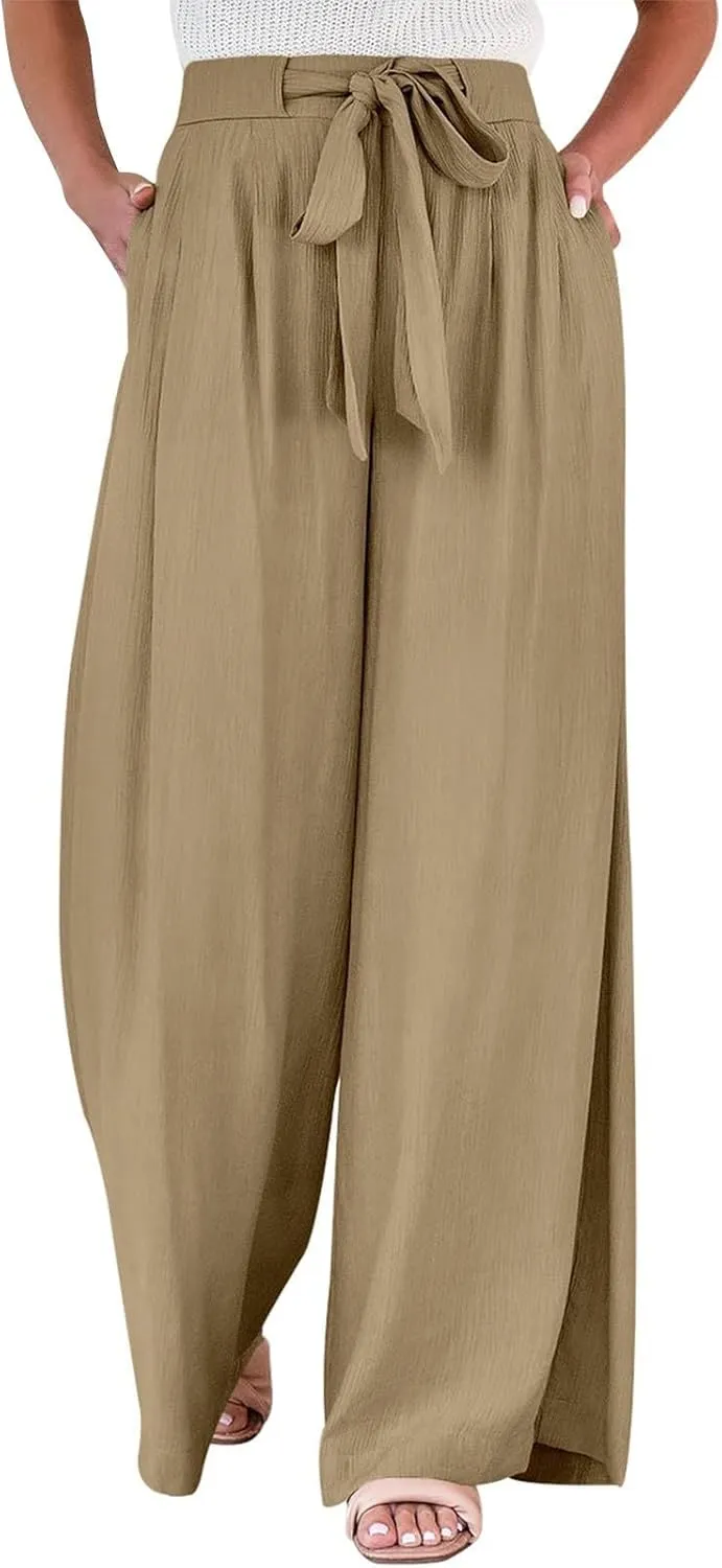 Palazzo Pants for Women Dressy Casual Tie High Waisted Wide Leg Linen Pants Baggy Flowy Boho Beach Pants with Pockets
