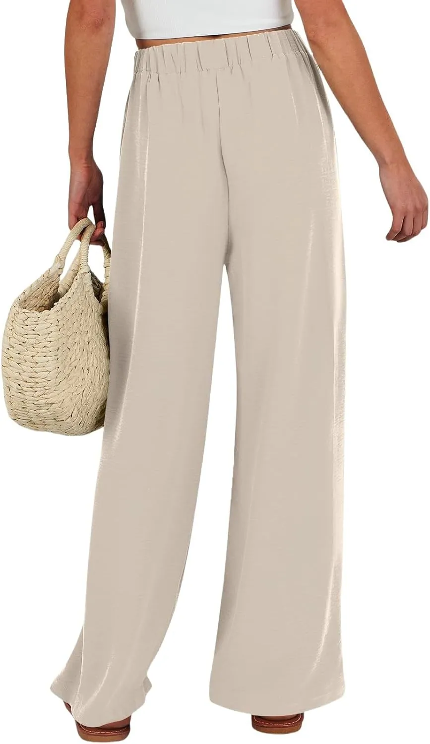 Palazzo Pants for Women Dressy Casual Tie High Waisted Wide Leg Linen Pants Baggy Flowy Boho Beach Pants with Pockets