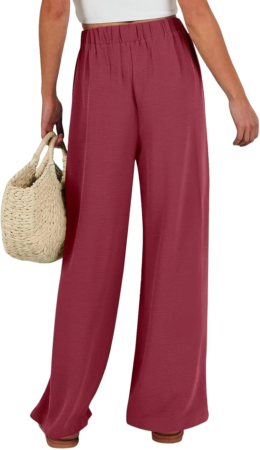 Palazzo Pants for Women Dressy Casual Tie High Waisted Wide Leg Linen Pants Baggy Flowy Boho Beach Pants with Pockets
