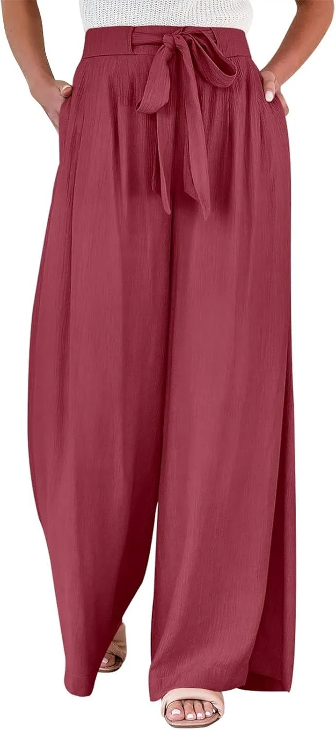 Palazzo Pants for Women Dressy Casual Tie High Waisted Wide Leg Linen Pants Baggy Flowy Boho Beach Pants with Pockets