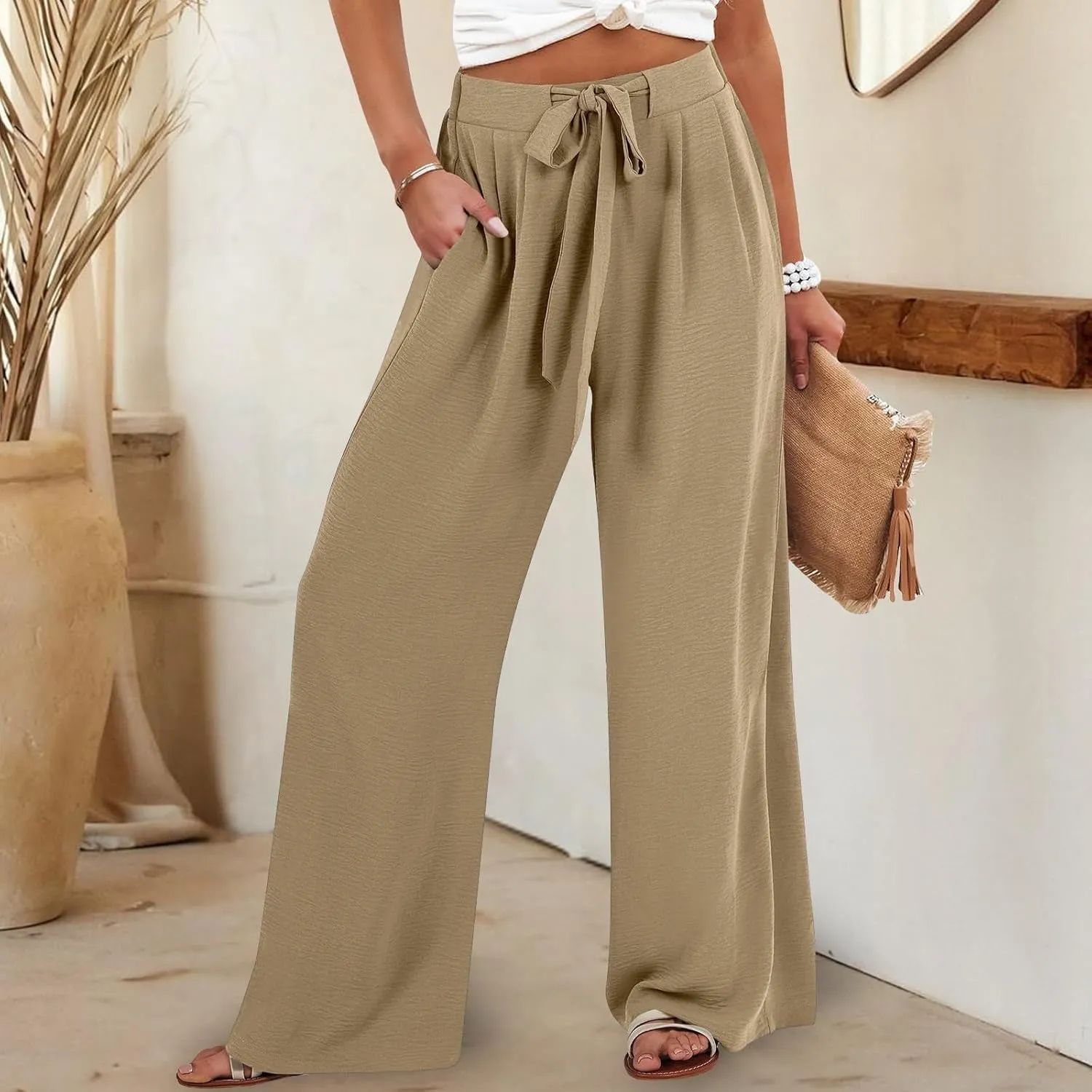 Palazzo Pants for Women Dressy Casual Tie High Waisted Wide Leg Linen Pants Baggy Flowy Boho Beach Pants with Pockets