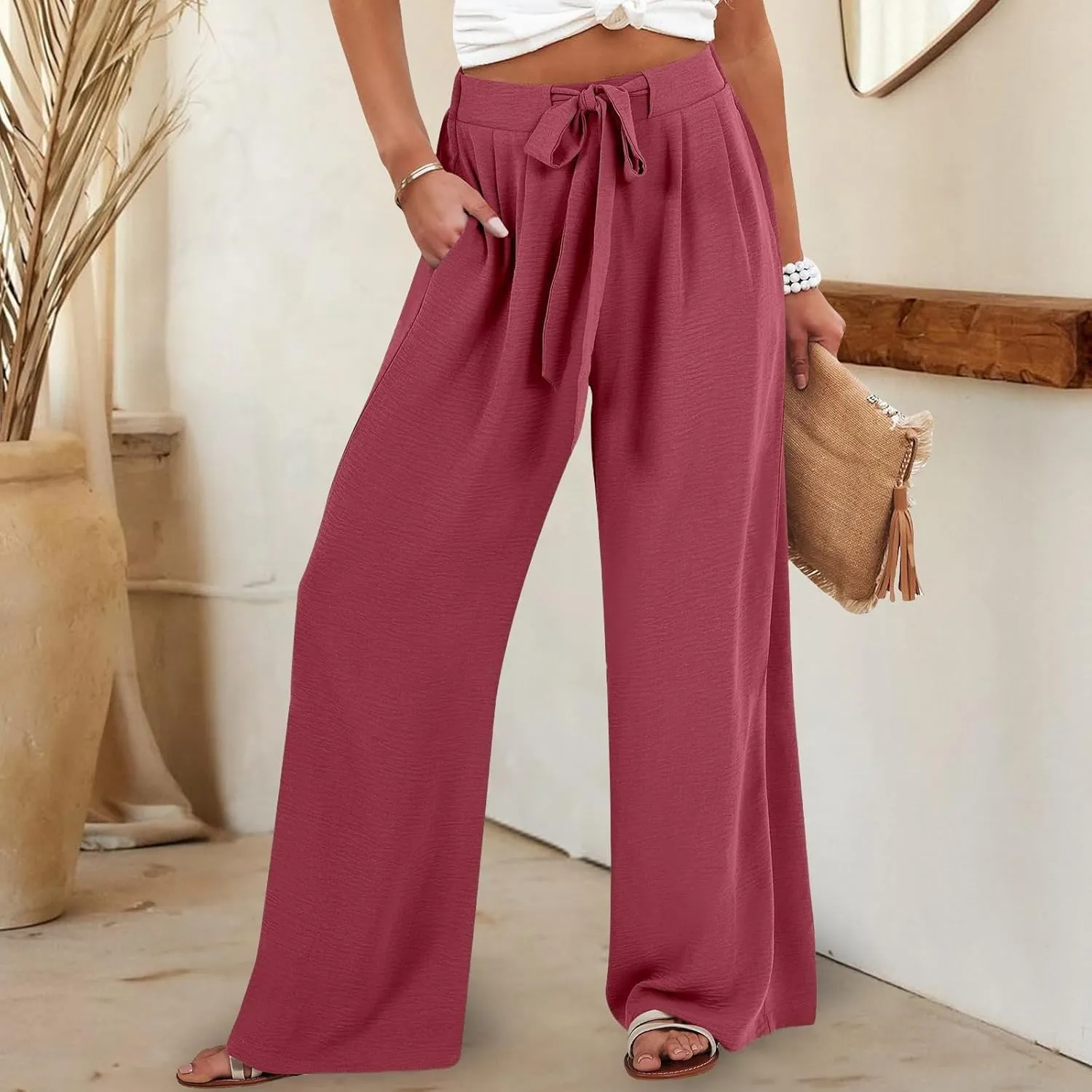Palazzo Pants for Women Dressy Casual Tie High Waisted Wide Leg Linen Pants Baggy Flowy Boho Beach Pants with Pockets