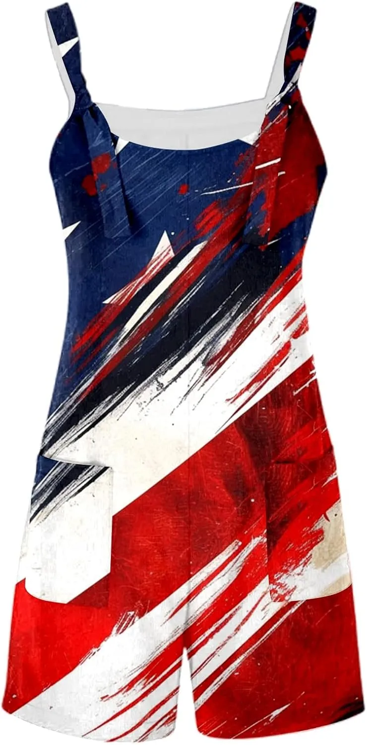 Patriotic Stars Stripes Romper for Women 2025 Summer Casual Jumpsuits Adjustable Strap Shorts 4th of July Jumpsuits