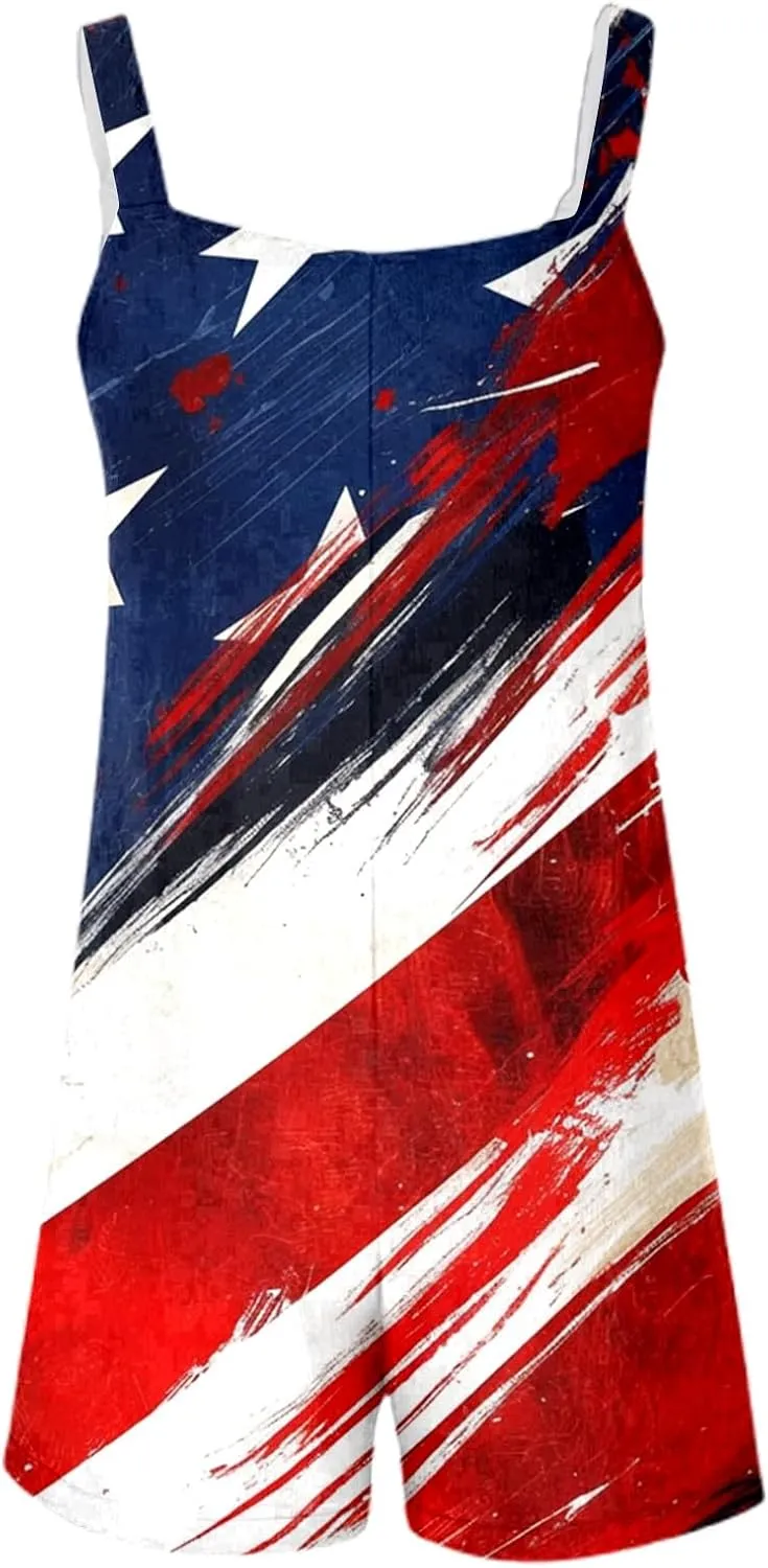 Patriotic Stars Stripes Romper for Women 2025 Summer Casual Jumpsuits Adjustable Strap Shorts 4th of July Jumpsuits