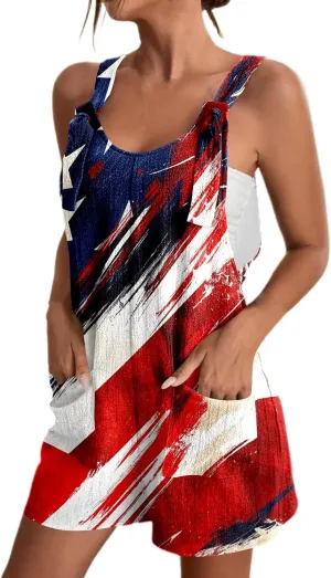 Patriotic Stars Stripes Romper for Women 2025 Summer Casual Jumpsuits Adjustable Strap Shorts 4th of July Jumpsuits