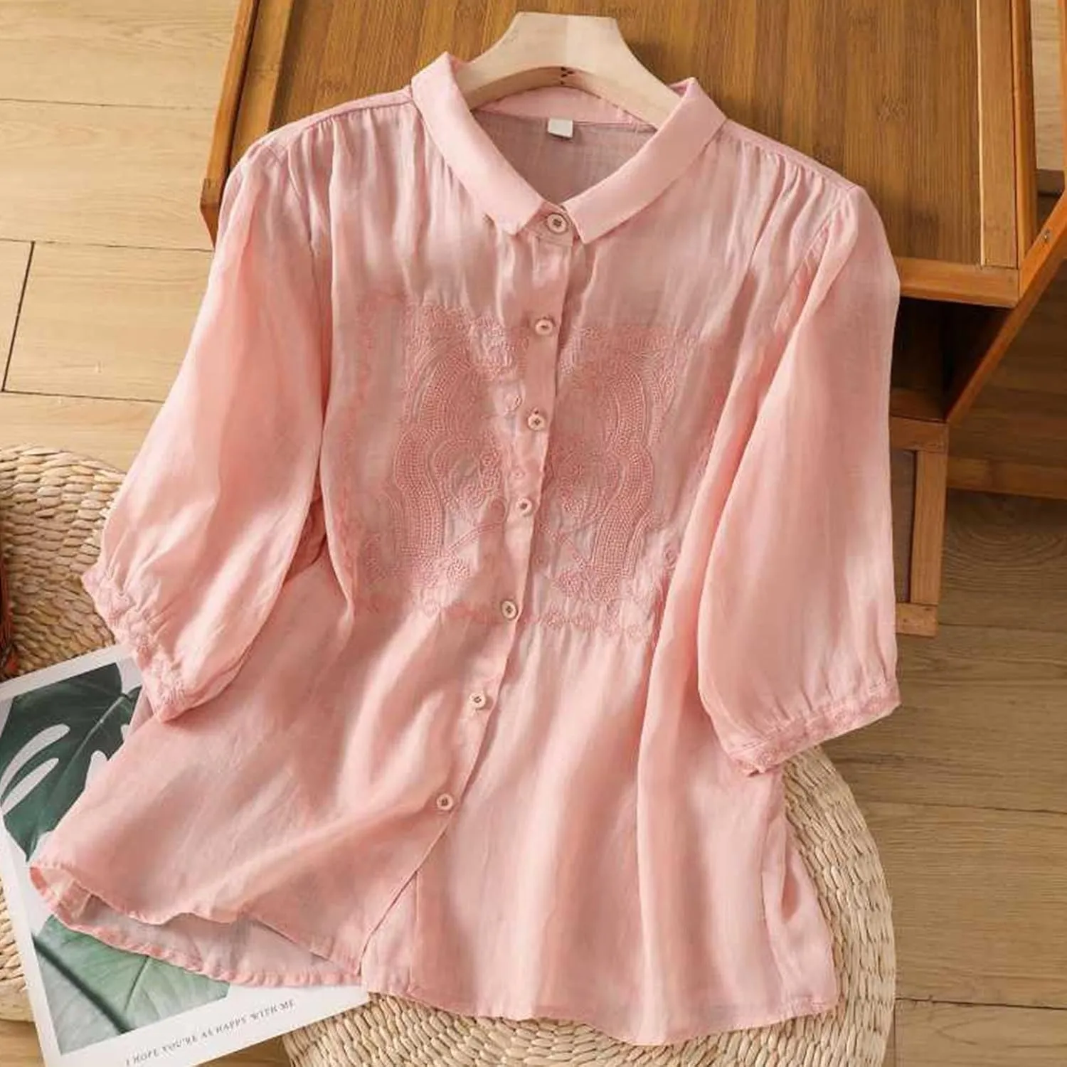 Peter Pan Collar Cotton Linen Shirt for Women Summer Lightweight Half Sleeve Button Up Tunic Tops Casual Boho Blouse