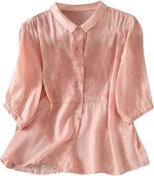 Peter Pan Collar Cotton Linen Shirt for Women Summer Lightweight Half Sleeve Button Up Tunic Tops Casual Boho Blouse