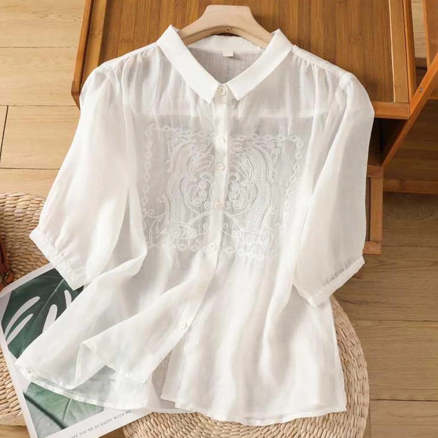 Peter Pan Collar Cotton Linen Shirt for Women Summer Lightweight Half Sleeve Button Up Tunic Tops Casual Boho Blouse