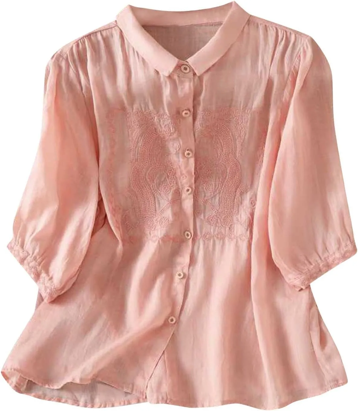 Peter Pan Collar Cotton Linen Shirt for Women Summer Lightweight Half Sleeve Button Up Tunic Tops Casual Boho Blouse