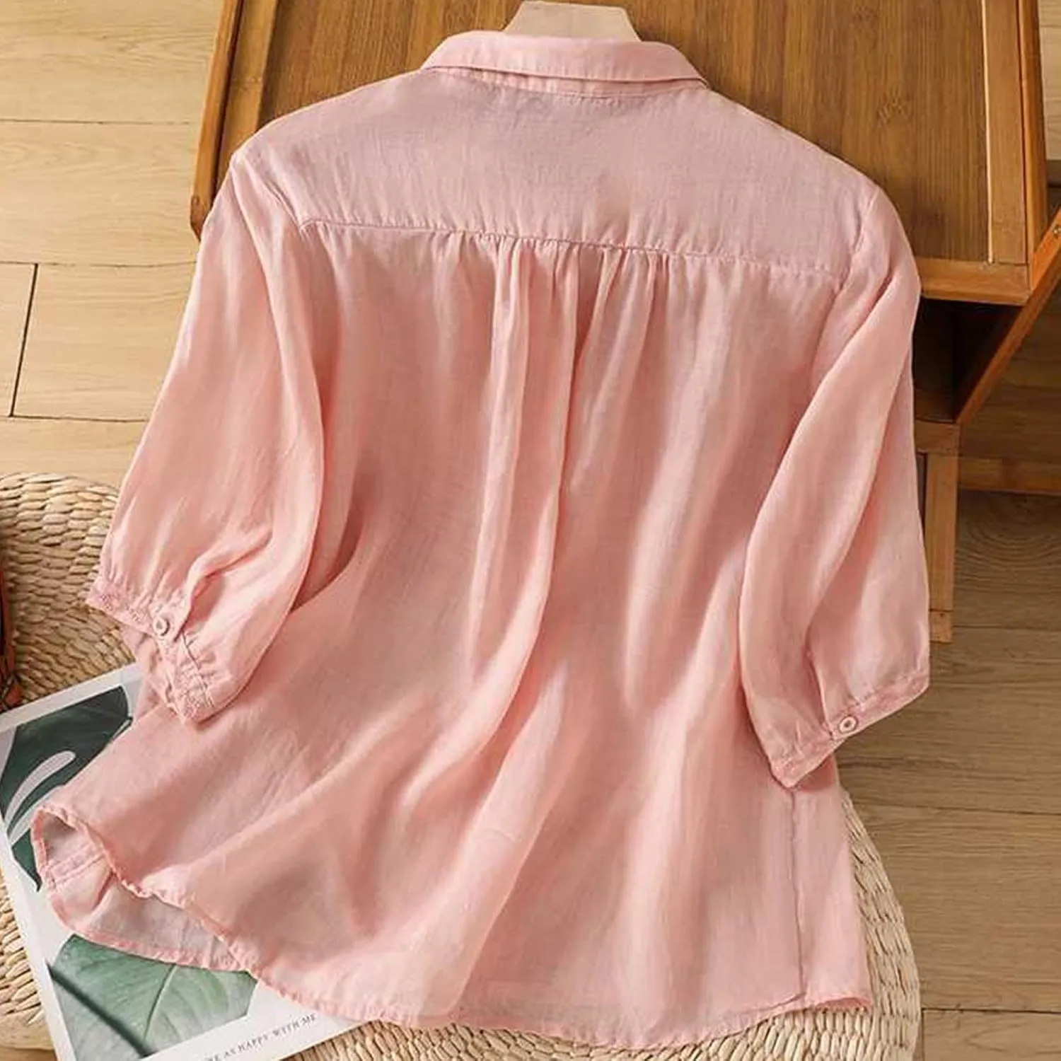 Peter Pan Collar Cotton Linen Shirt for Women Summer Lightweight Half Sleeve Button Up Tunic Tops Casual Boho Blouse