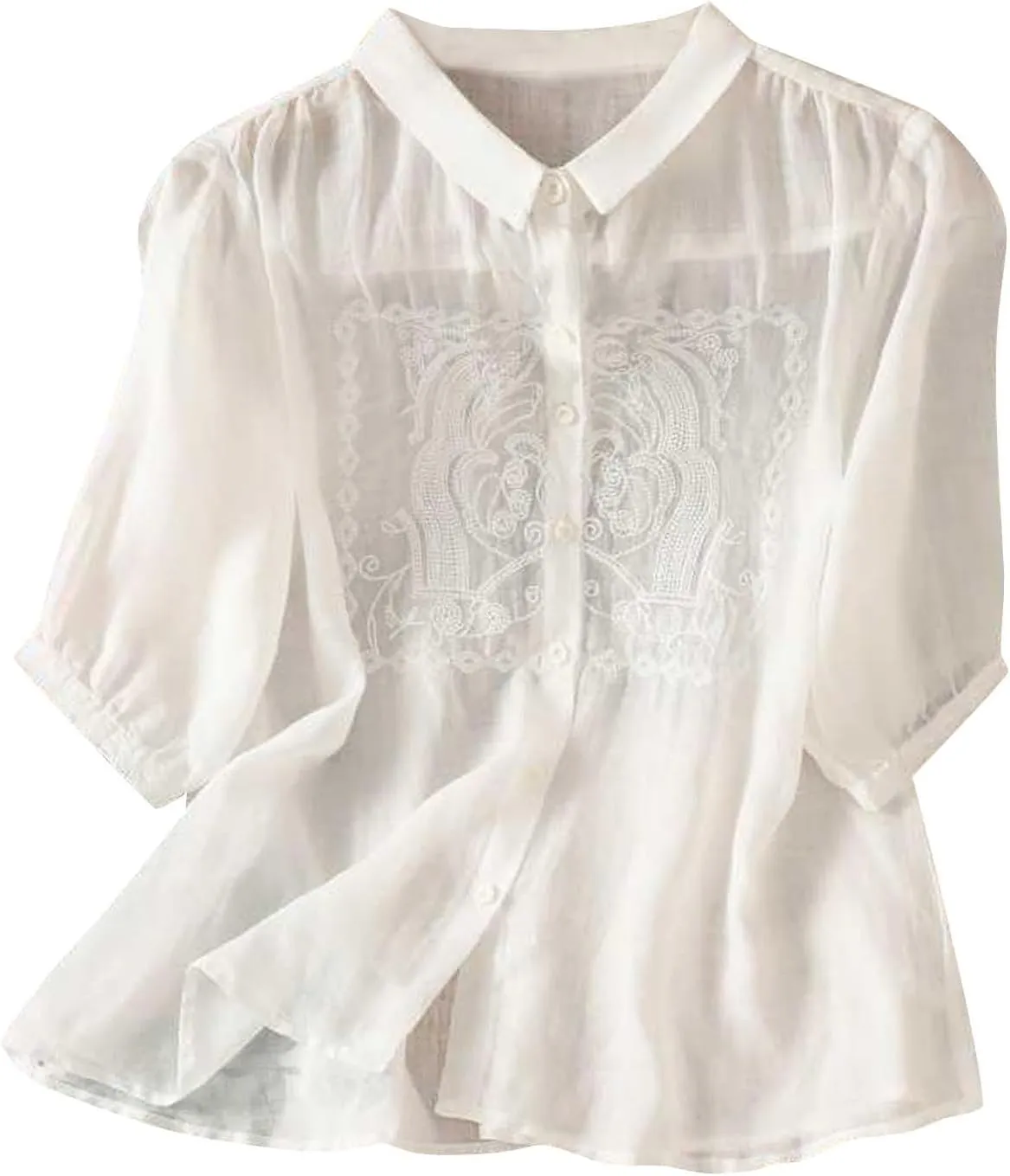 Peter Pan Collar Cotton Linen Shirt for Women Summer Lightweight Half Sleeve Button Up Tunic Tops Casual Boho Blouse