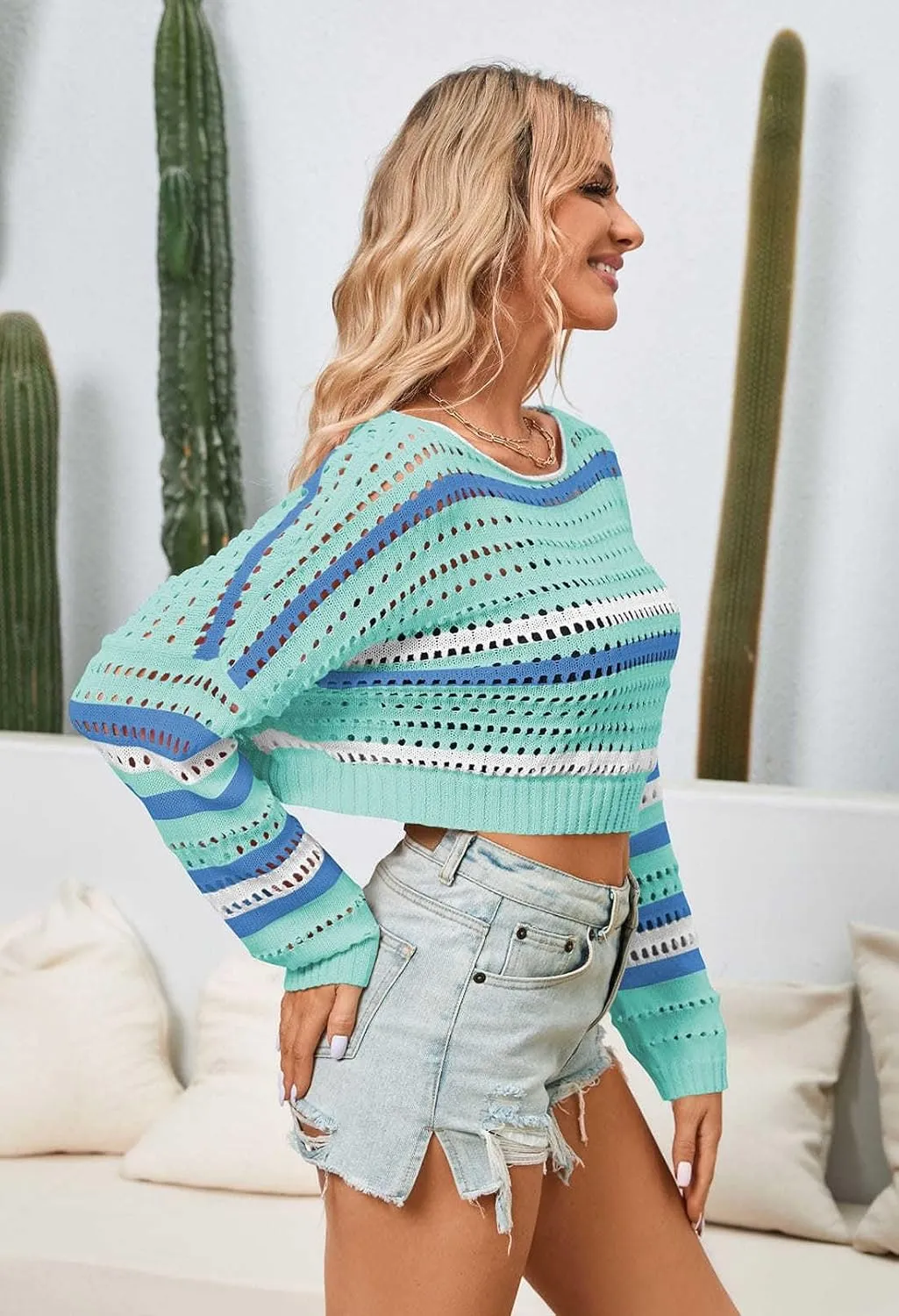 Pink Queen Women Cropped Sweater Hollow Out Long Sleeve Knit Mesh Color Block Crochet Crop Top Y2K Outfits