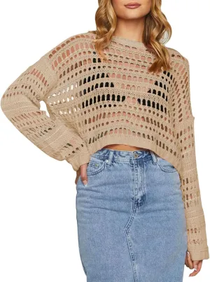 Pink Queen Women Cropped Sweater Hollow Out Long Sleeve Knit Mesh Color Block Crochet Crop Top Y2K Outfits