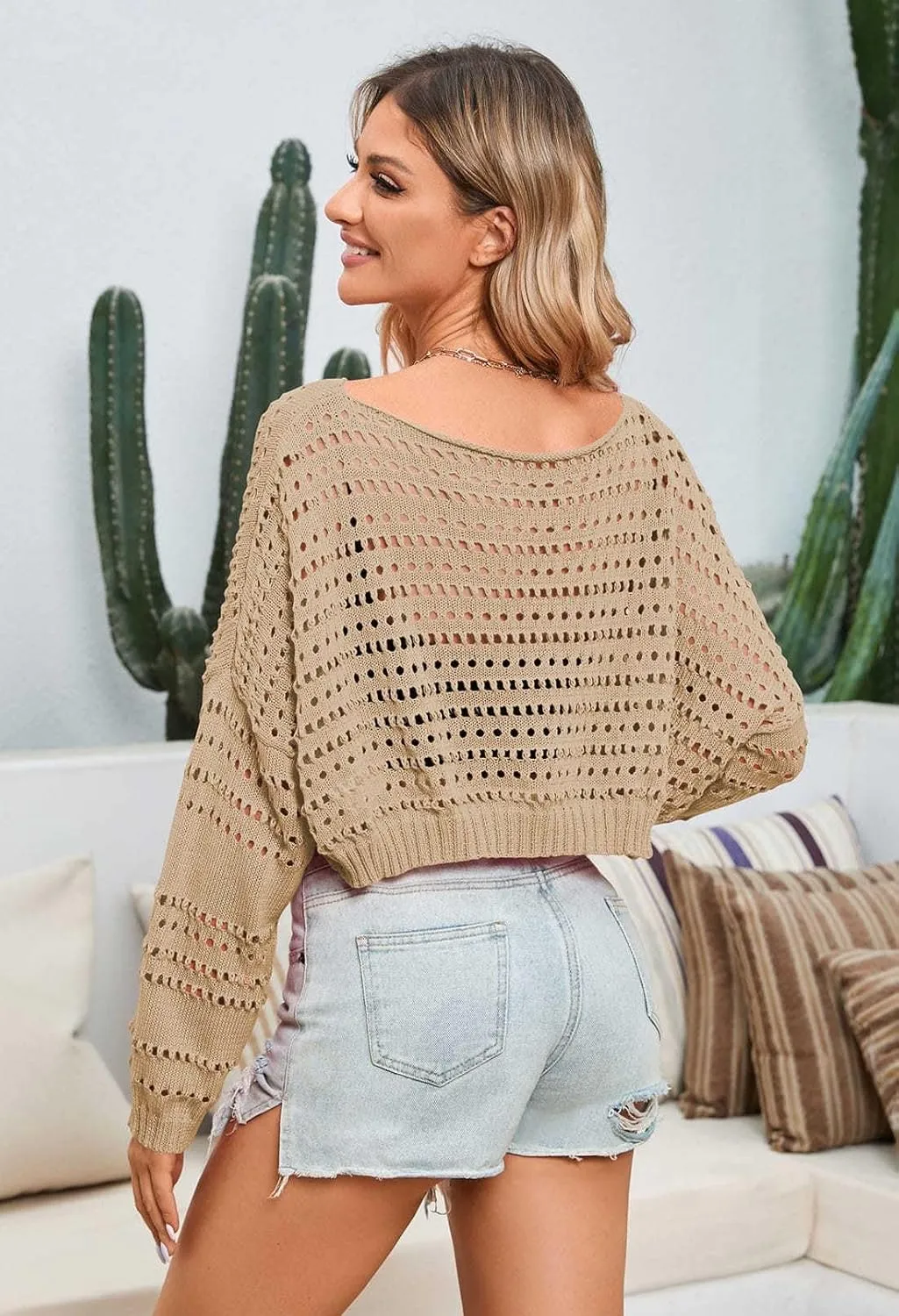 Pink Queen Women Cropped Sweater Hollow Out Long Sleeve Knit Mesh Color Block Crochet Crop Top Y2K Outfits