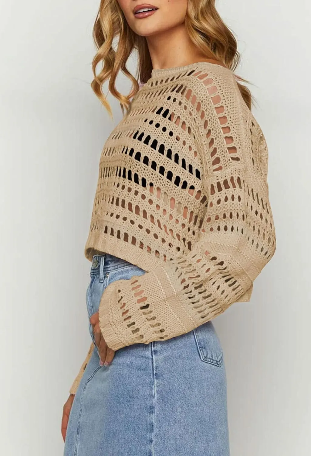 Pink Queen Women Cropped Sweater Hollow Out Long Sleeve Knit Mesh Color Block Crochet Crop Top Y2K Outfits