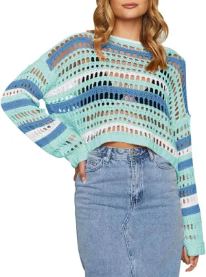 Pink Queen Women Cropped Sweater Hollow Out Long Sleeve Knit Mesh Color Block Crochet Crop Top Y2K Outfits