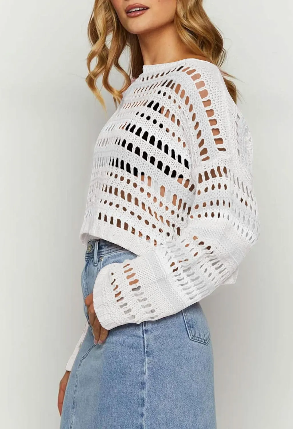 Pink Queen Women Cropped Sweater Hollow Out Long Sleeve Knit Mesh Color Block Crochet Crop Top Y2K Outfits