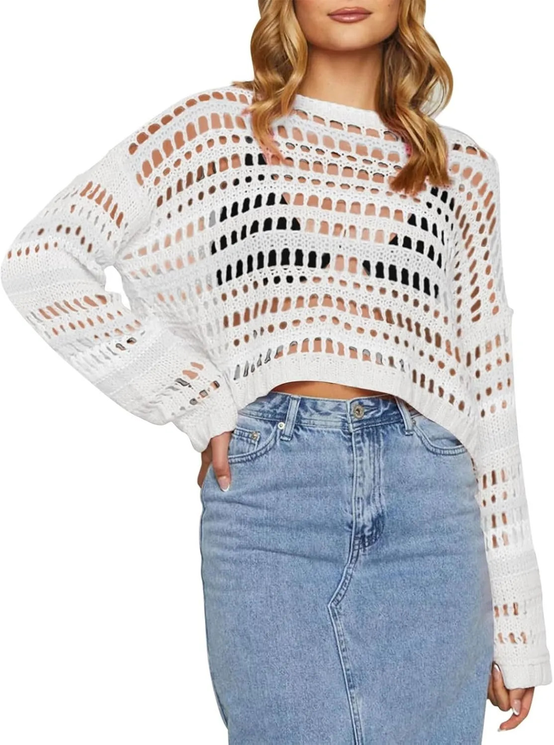 Pink Queen Women Cropped Sweater Hollow Out Long Sleeve Knit Mesh Color Block Crochet Crop Top Y2K Outfits