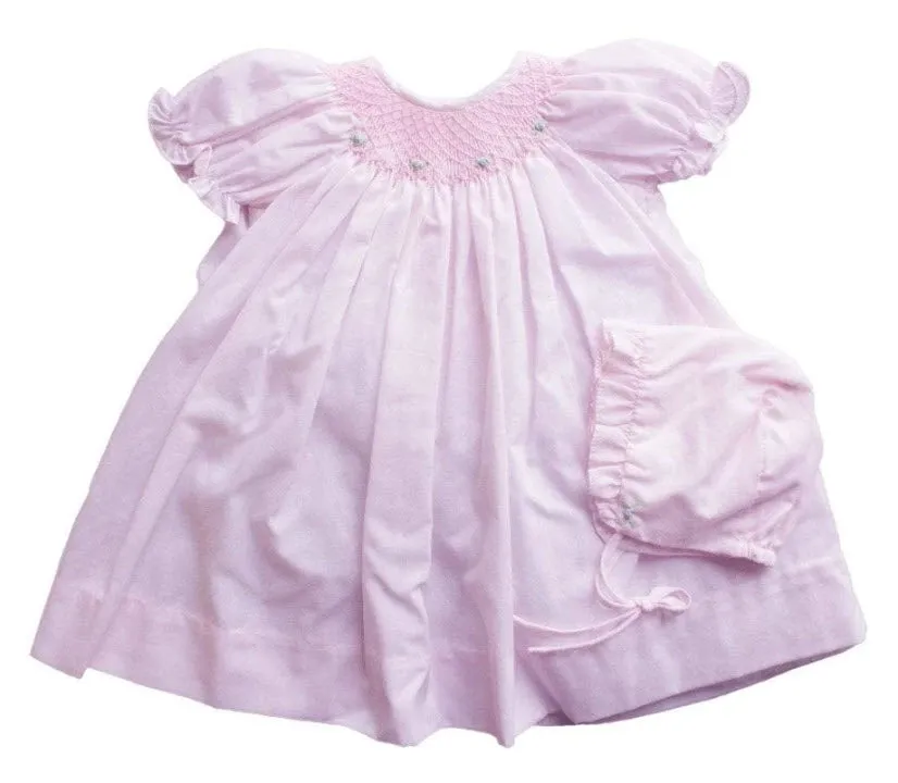 Pink Smocked Day Dress with Blue Rosettes