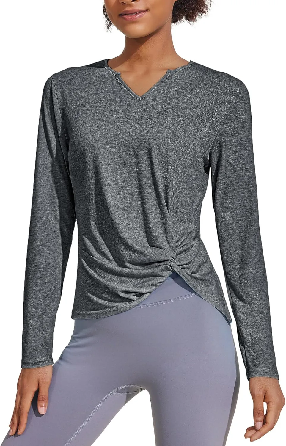 PINSPARK Womens Long Sleeve Shirts Workout Tops V Neck Twist Front Hiking Yoga Running Casual T-Shirt