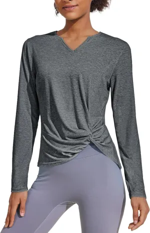 PINSPARK Womens Long Sleeve Shirts Workout Tops V Neck Twist Front Hiking Yoga Running Casual T-Shirt