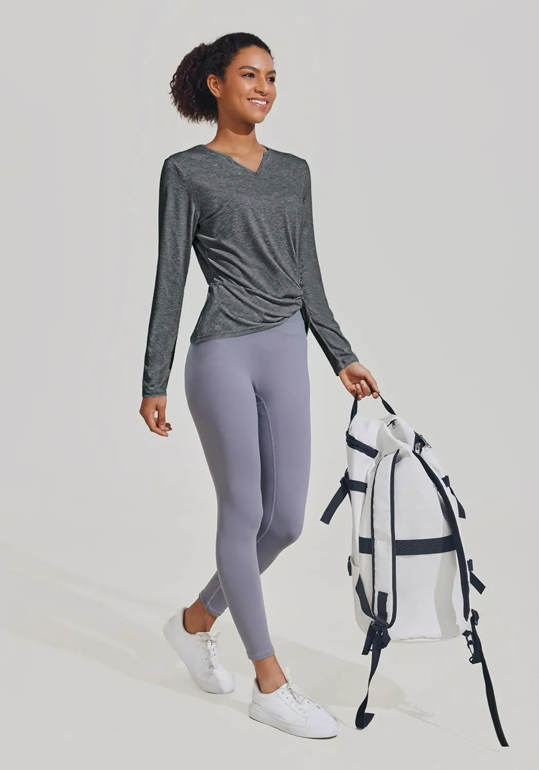 PINSPARK Womens Long Sleeve Shirts Workout Tops V Neck Twist Front Hiking Yoga Running Casual T-Shirt