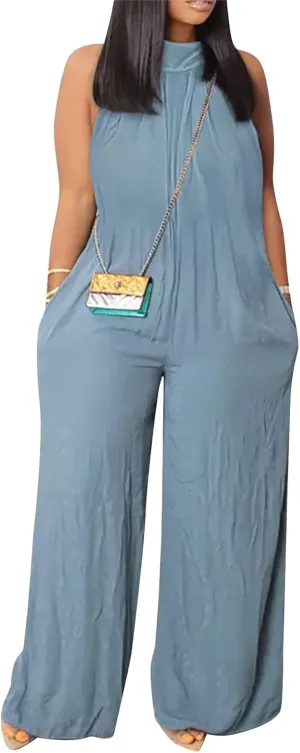 Plus Size Jumpsuit Women's Summer Beach Casual Sleeveless Solid Color Fashion Wide Leg Jumpsuit