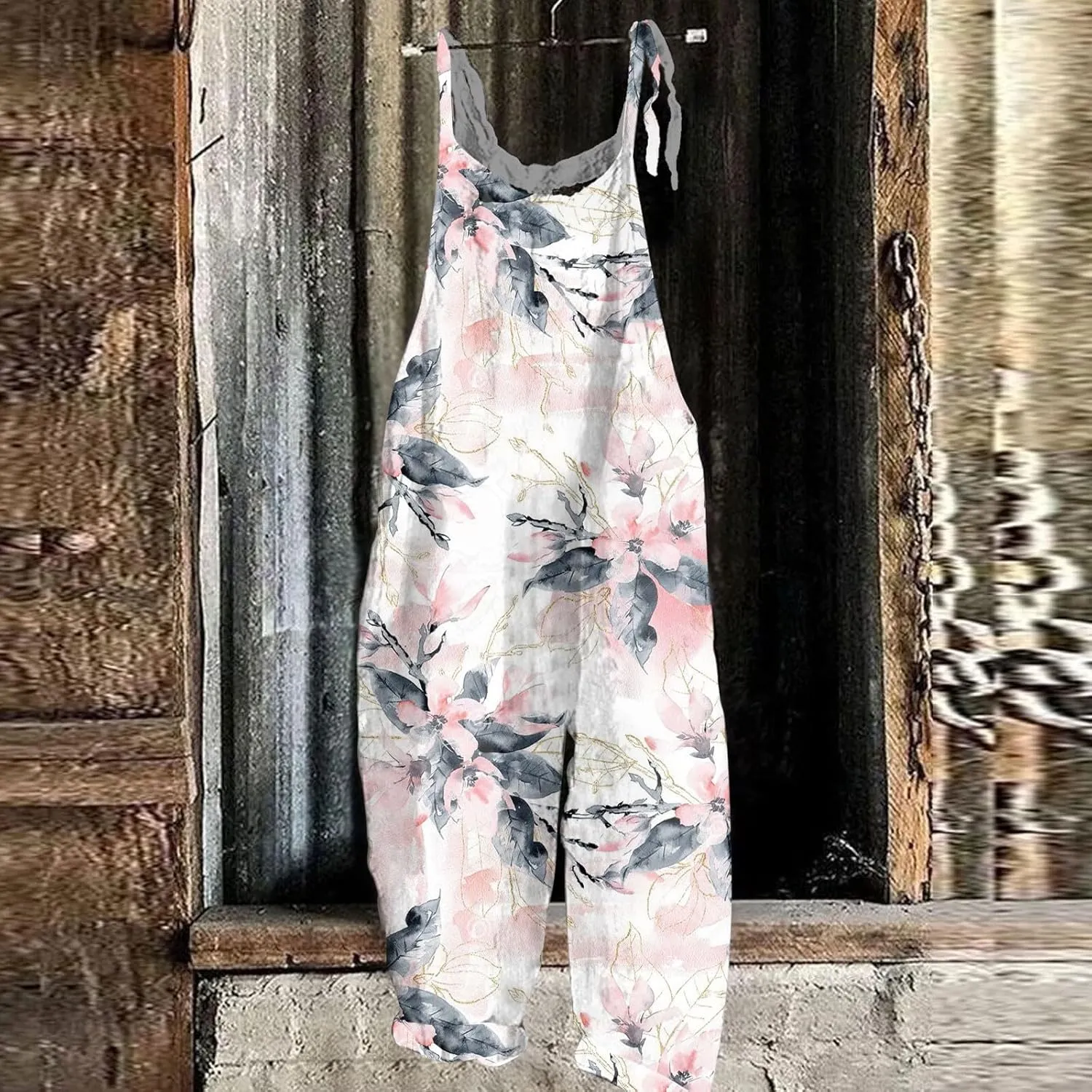 Plus Size Overalls for Women 2025 Summer Boho Floral Jumpsuit,Sleeveless Spaghetti Strap Wide Leg Romper with Pockets