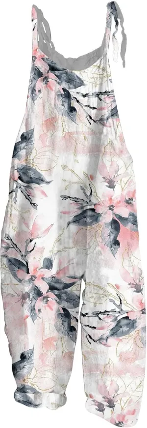 Plus Size Overalls for Women 2025 Summer Boho Floral Jumpsuit,Sleeveless Spaghetti Strap Wide Leg Romper with Pockets