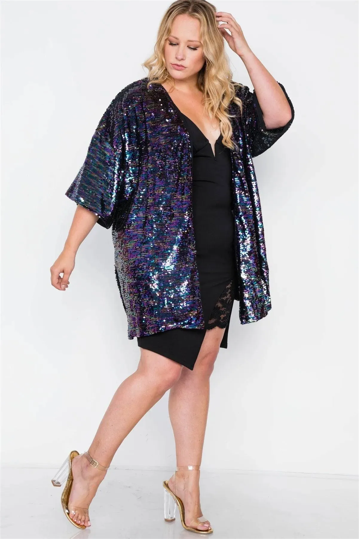 Plus Size Purple Sequin Kimono Short Sleeve Cover-up