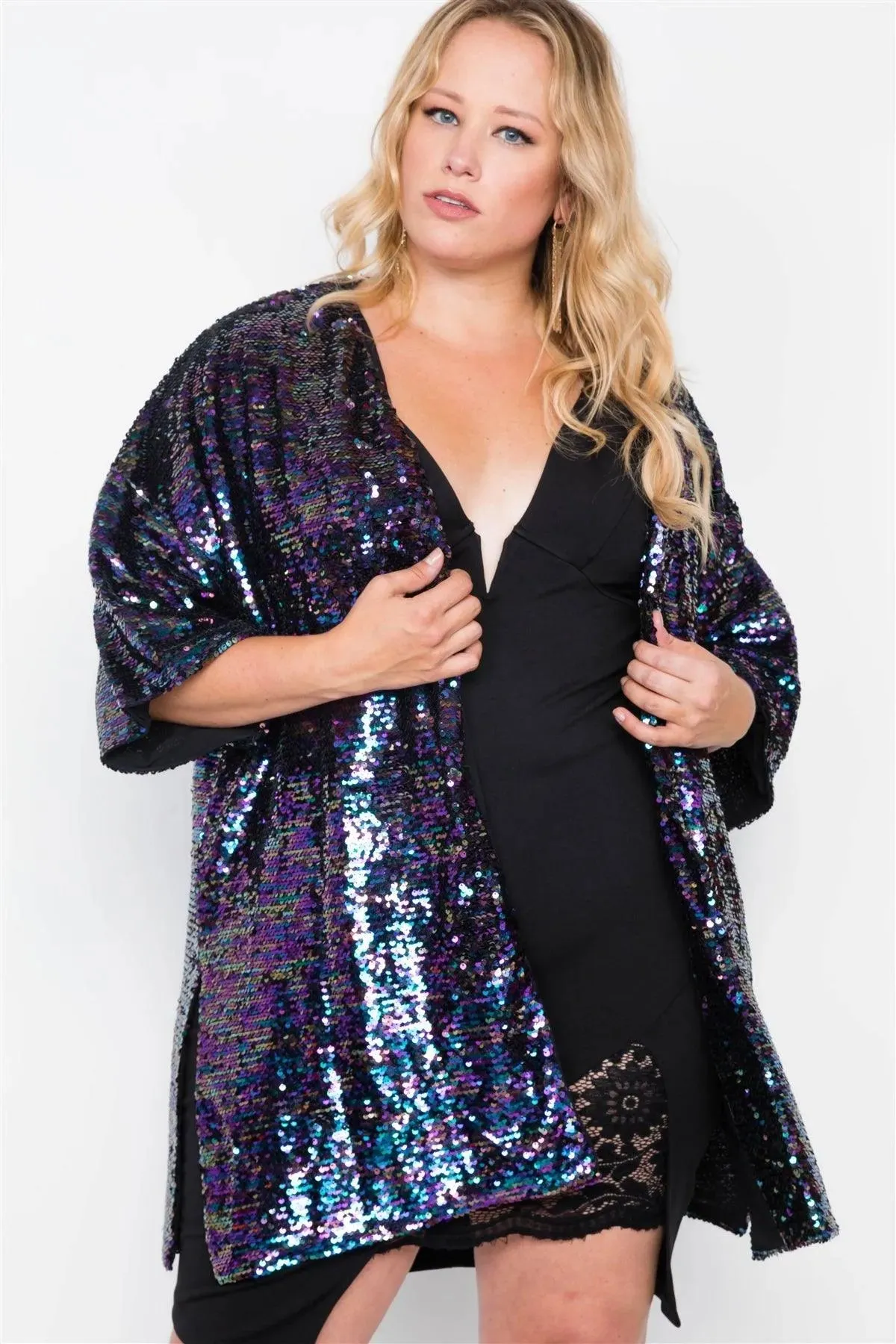 Plus Size Purple Sequin Kimono Short Sleeve Cover-up